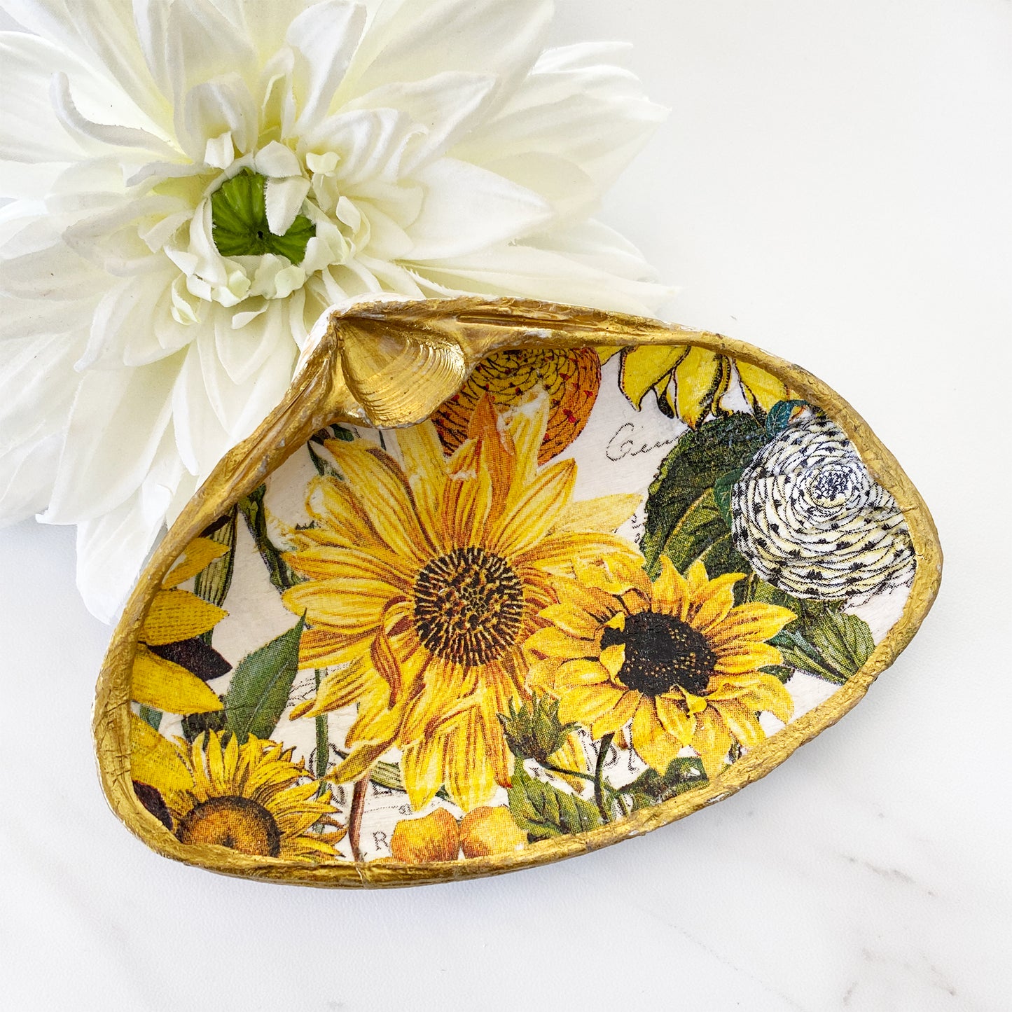 Yellow Sunflower Decoupage Clam Shell Trinket Ring Dish