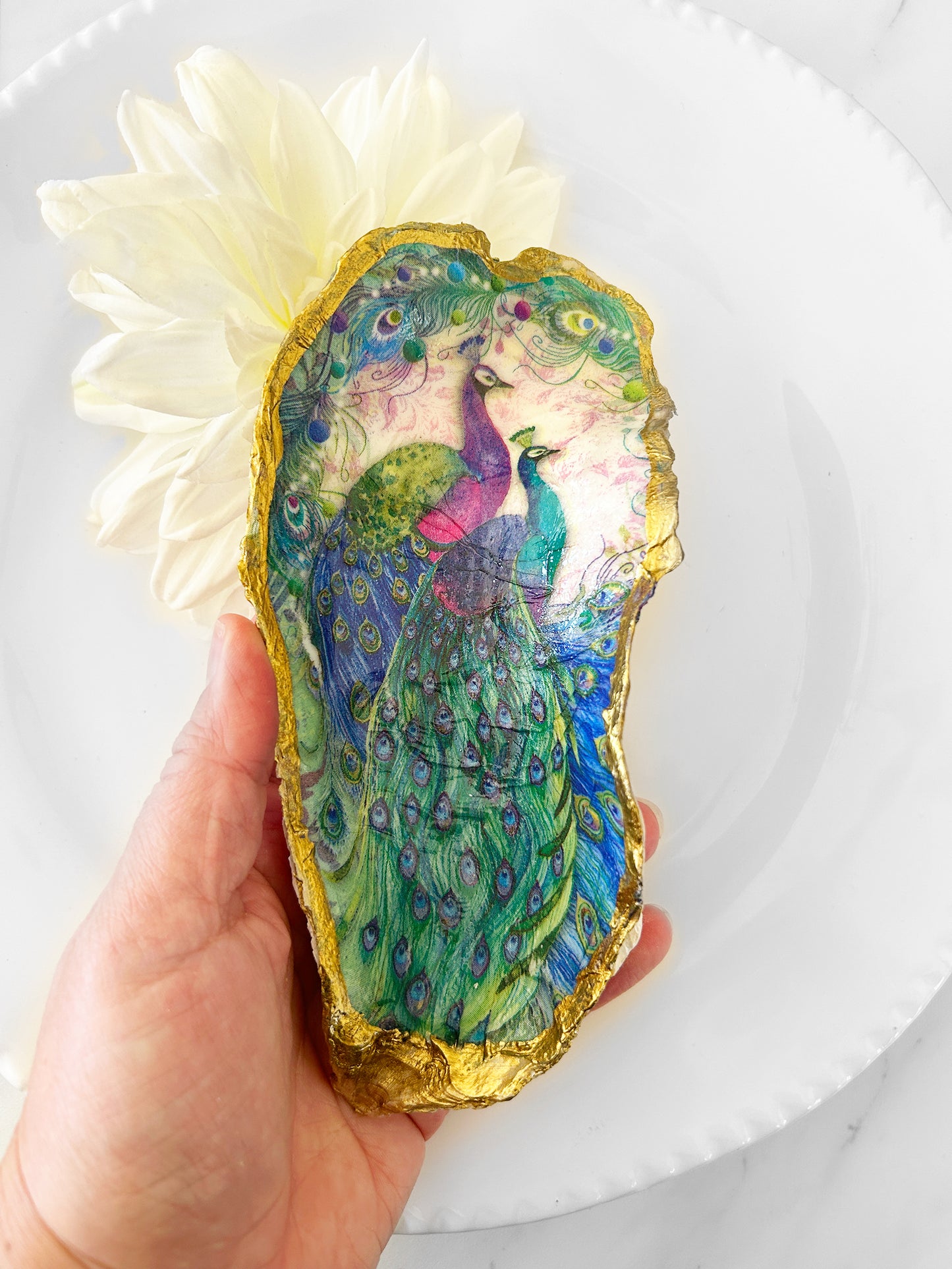 Colorful Peacock Pair Large Oyster Shell
