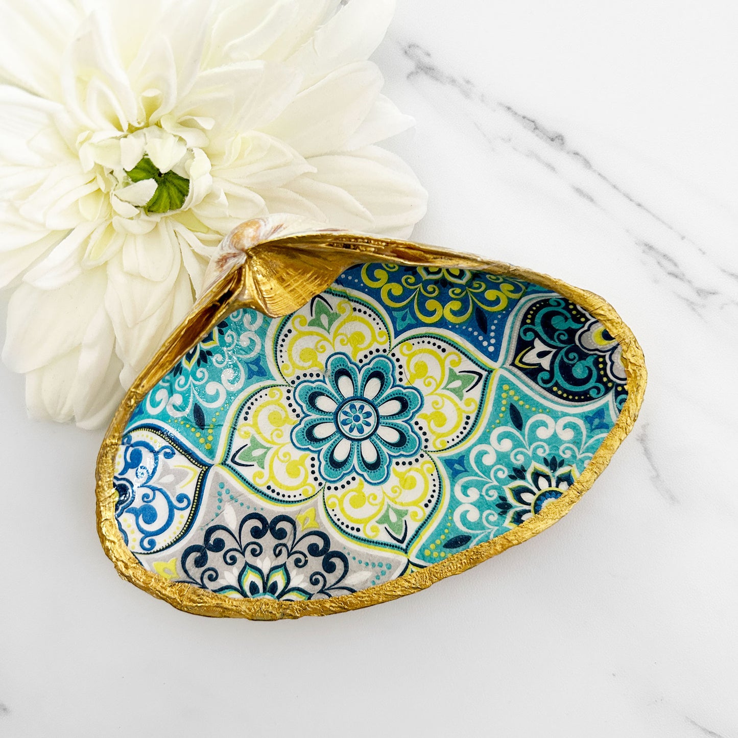 Blue and Yellow Mosaic Decoupage Clam Shell Trinket Dish