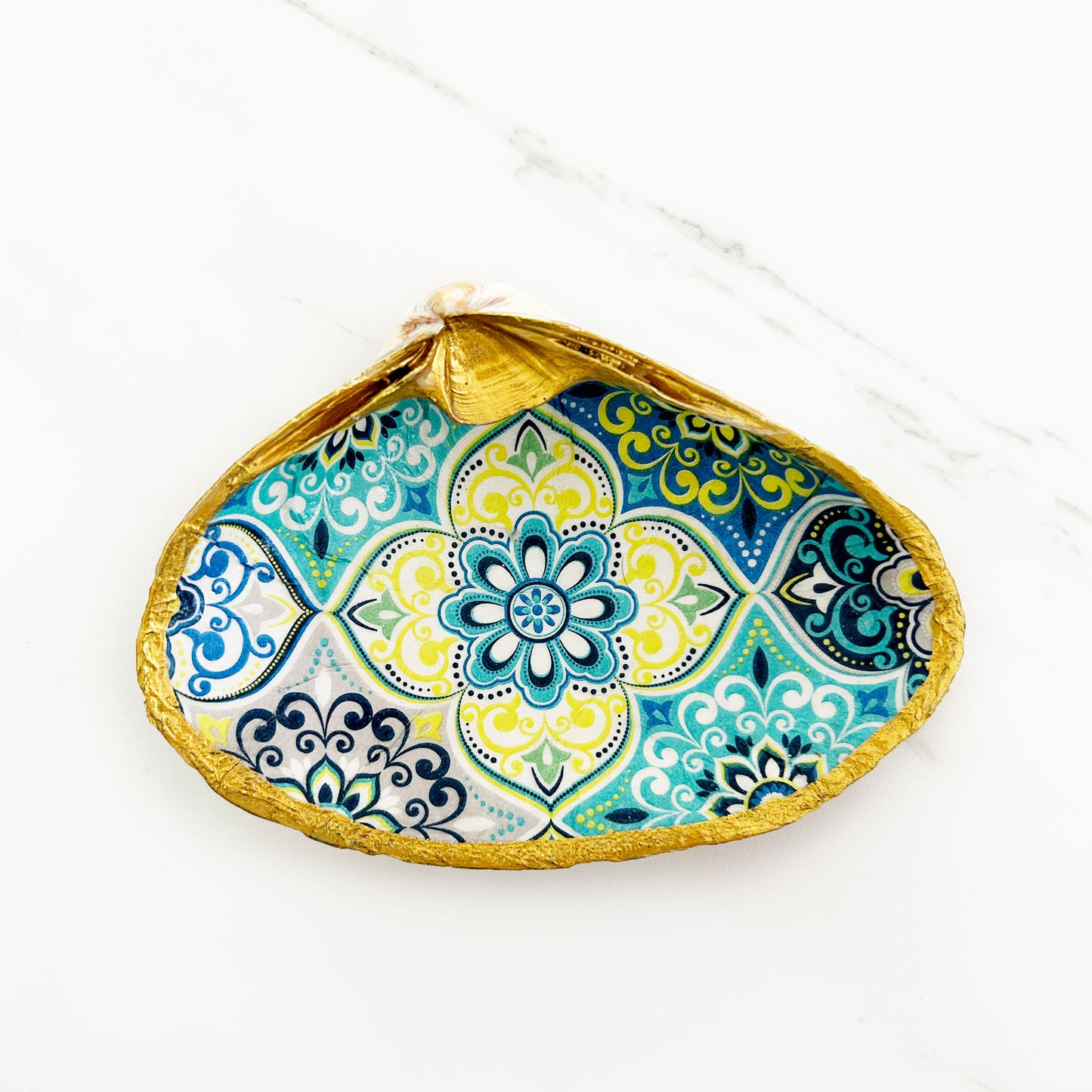 Blue and Yellow Mosaic Decoupage Clam Shell Trinket Dish
