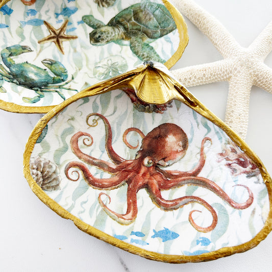 Decorative plate with an octopus design on a white background