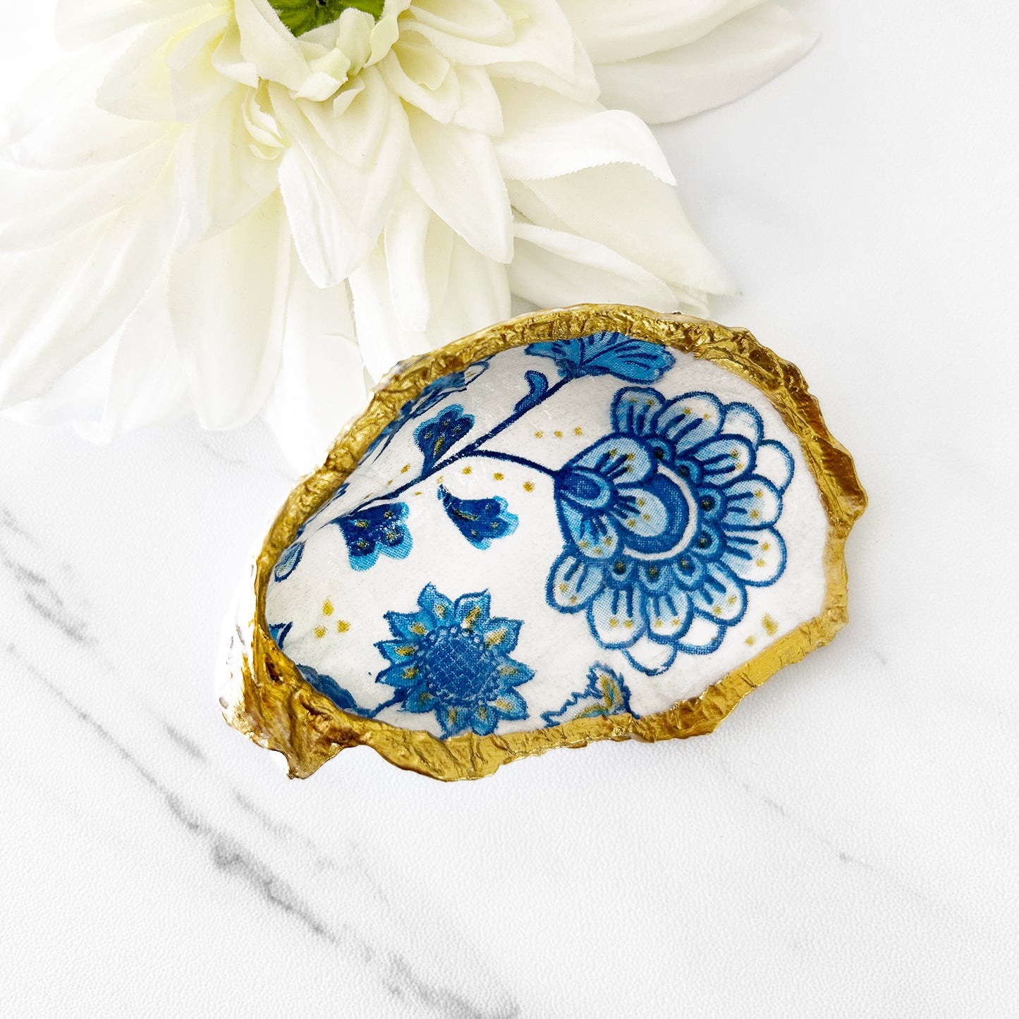 Blue Floral Motif Decoupage Oyster Shell Trinket Dish