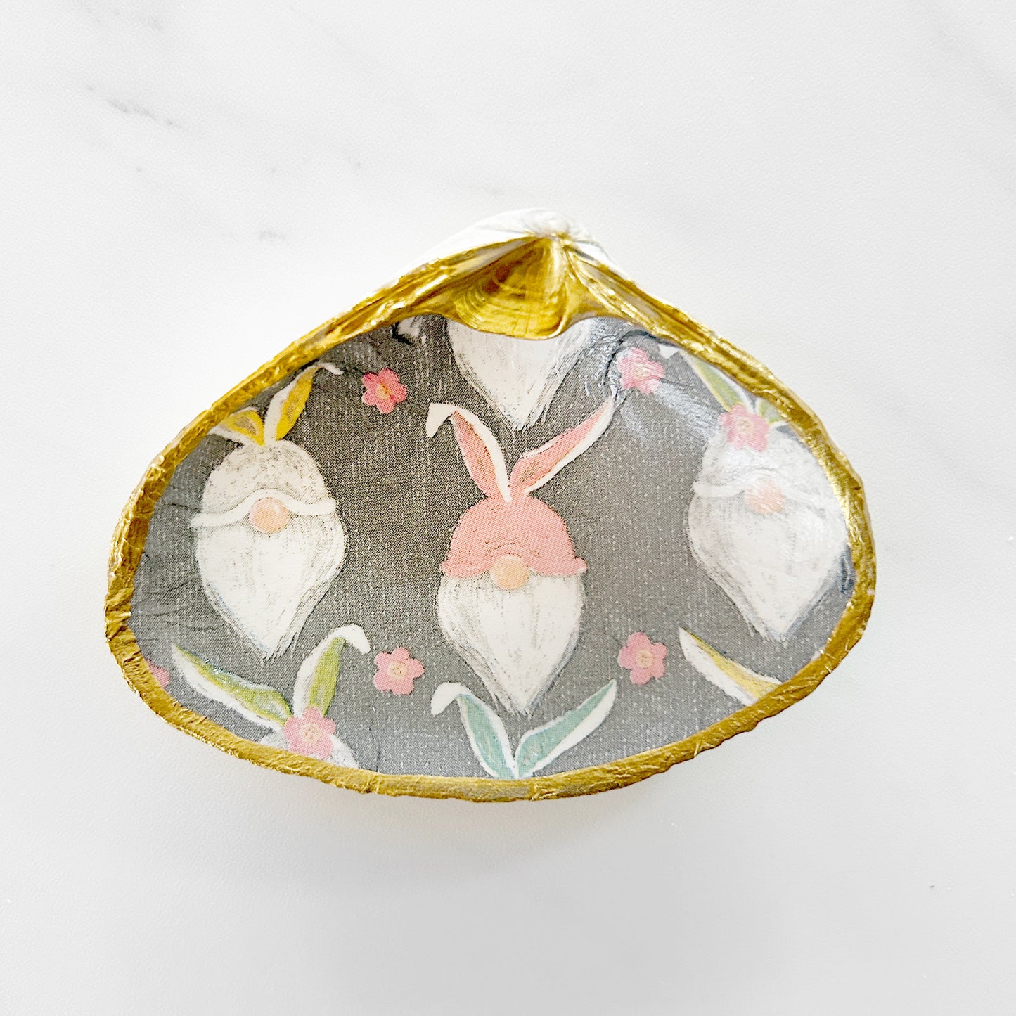Easter Bunny Gnome Decoupage Clam Shell Trinket Dish
