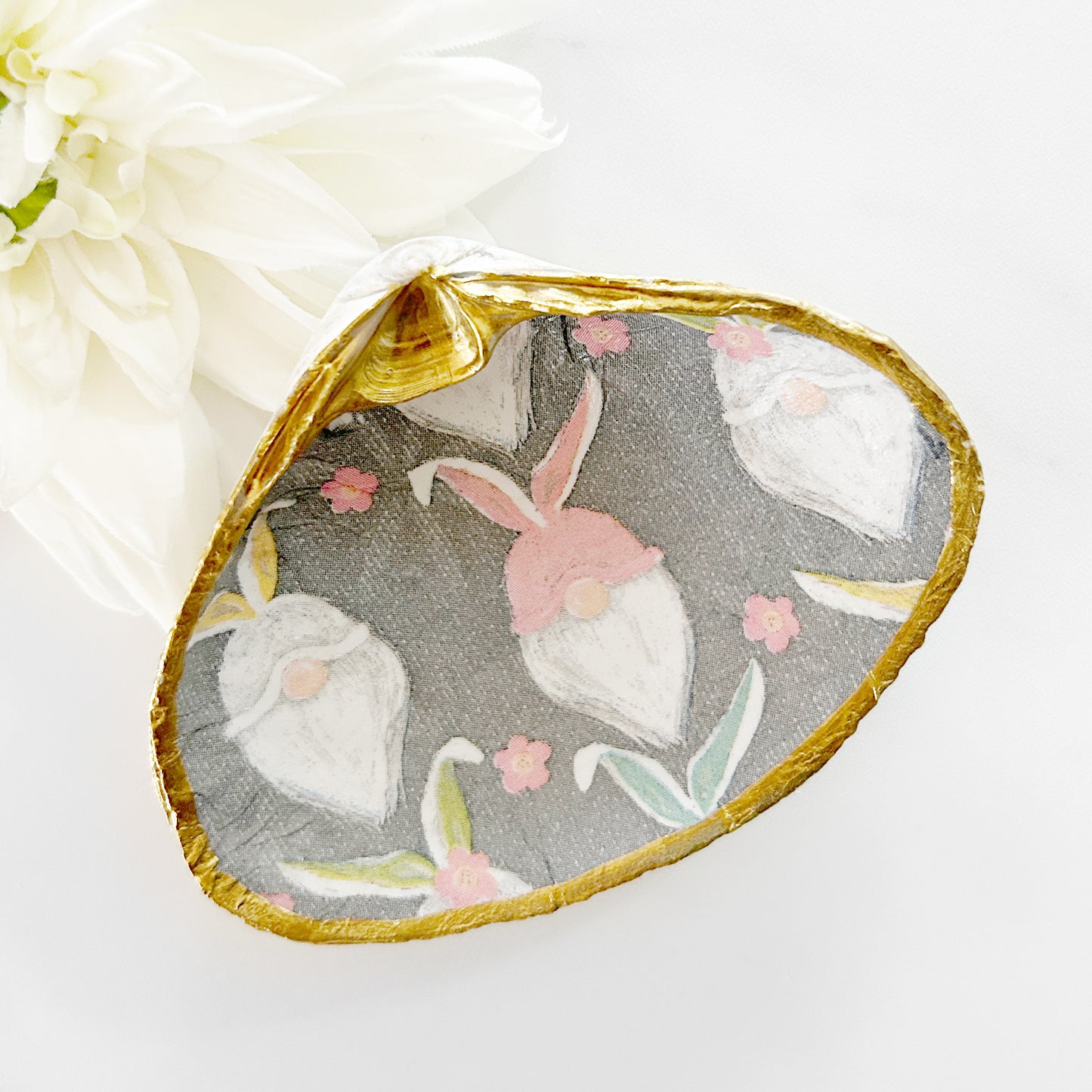 Easter Bunny Gnome Decoupage Clam Shell Trinket Dish