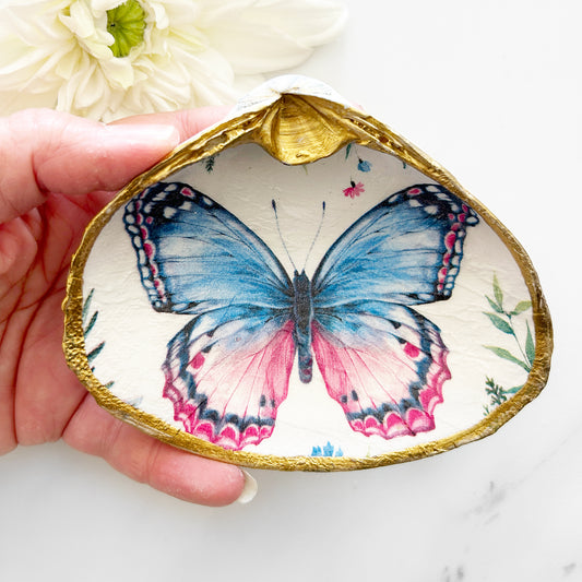 Pink and Blue Butterfly Decoupage Clam Shell Trinket Dish