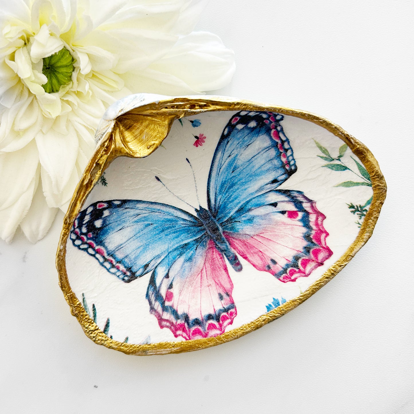 Pink and Blue Butterfly Decoupage Clam Shell Trinket Dish