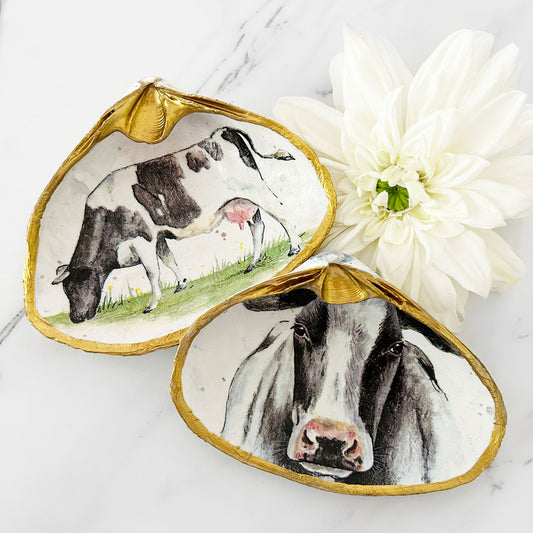 Dairy Cow Extra Large Decoupage Clam Shell Trinket Dish