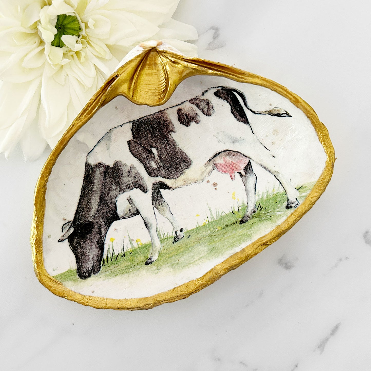 Dairy Cow Extra Large Decoupage Clam Shell Trinket Dish