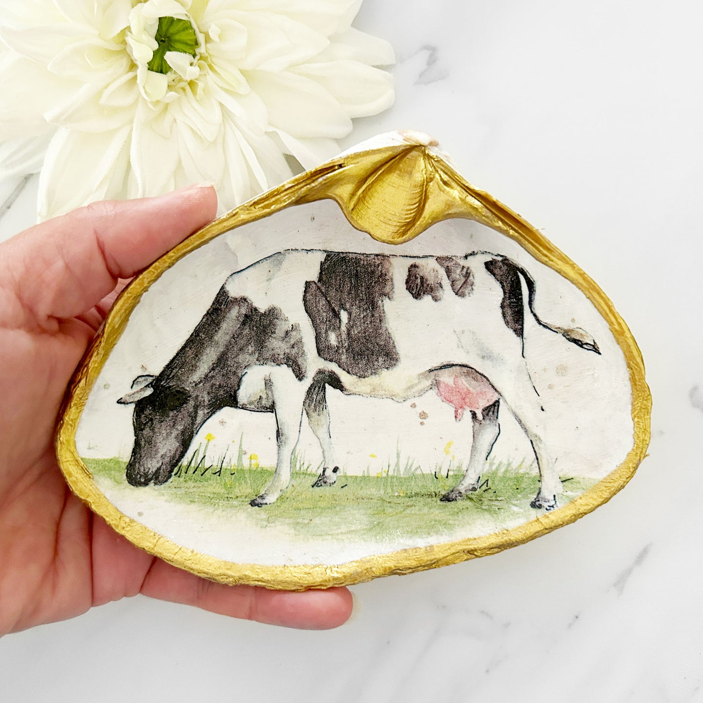 Dairy Cow Extra Large Decoupage Clam Shell Trinket Dish