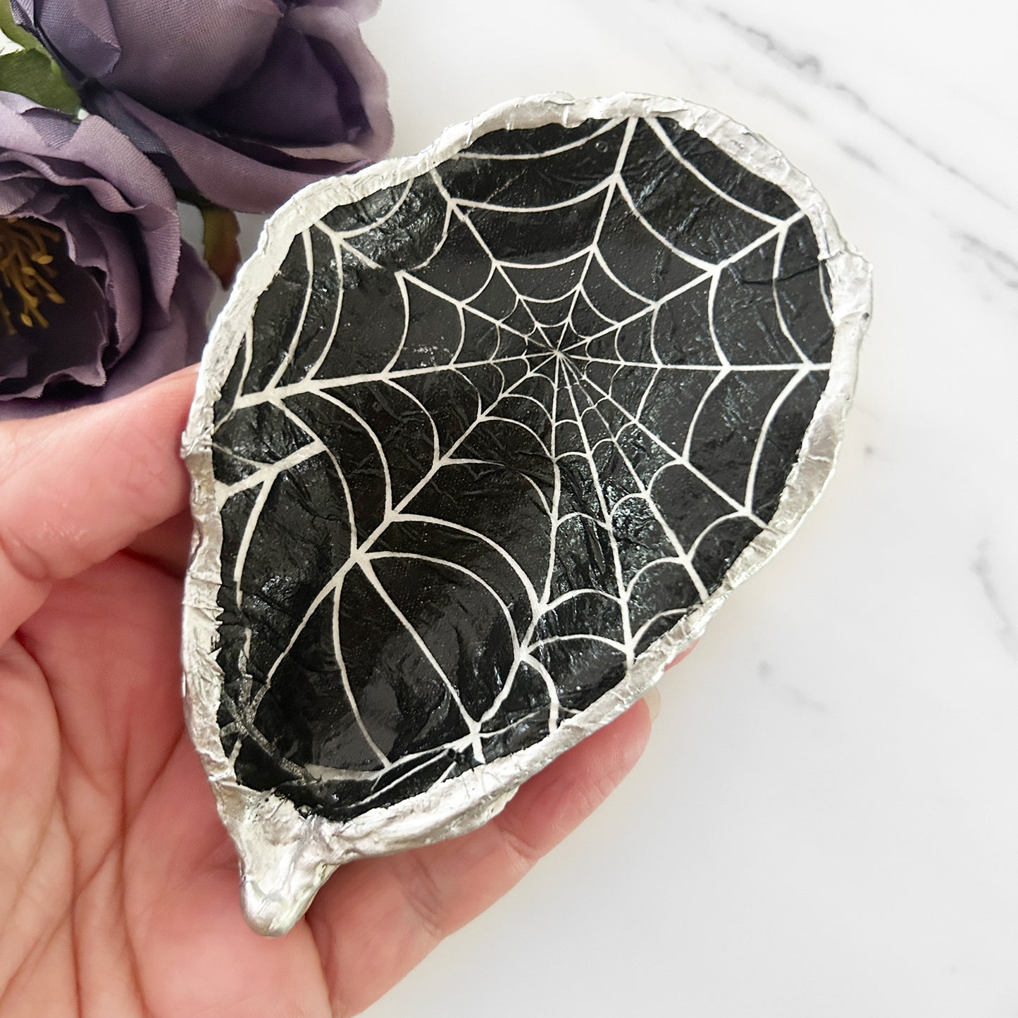 Halloween Spider Web Decoupage Oyster Shell Trinket Dish