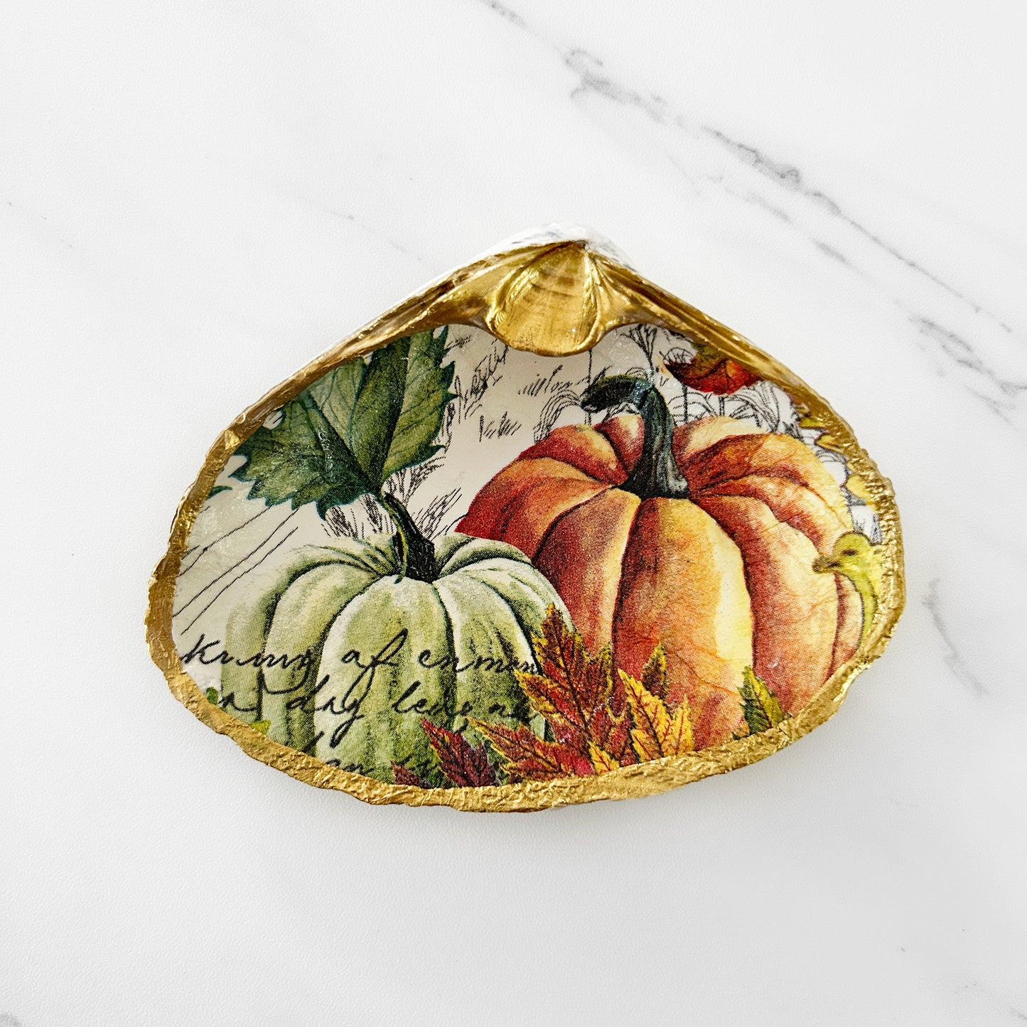 Harvest Pumpkin Decoupage Clam Shell Trinket Dish