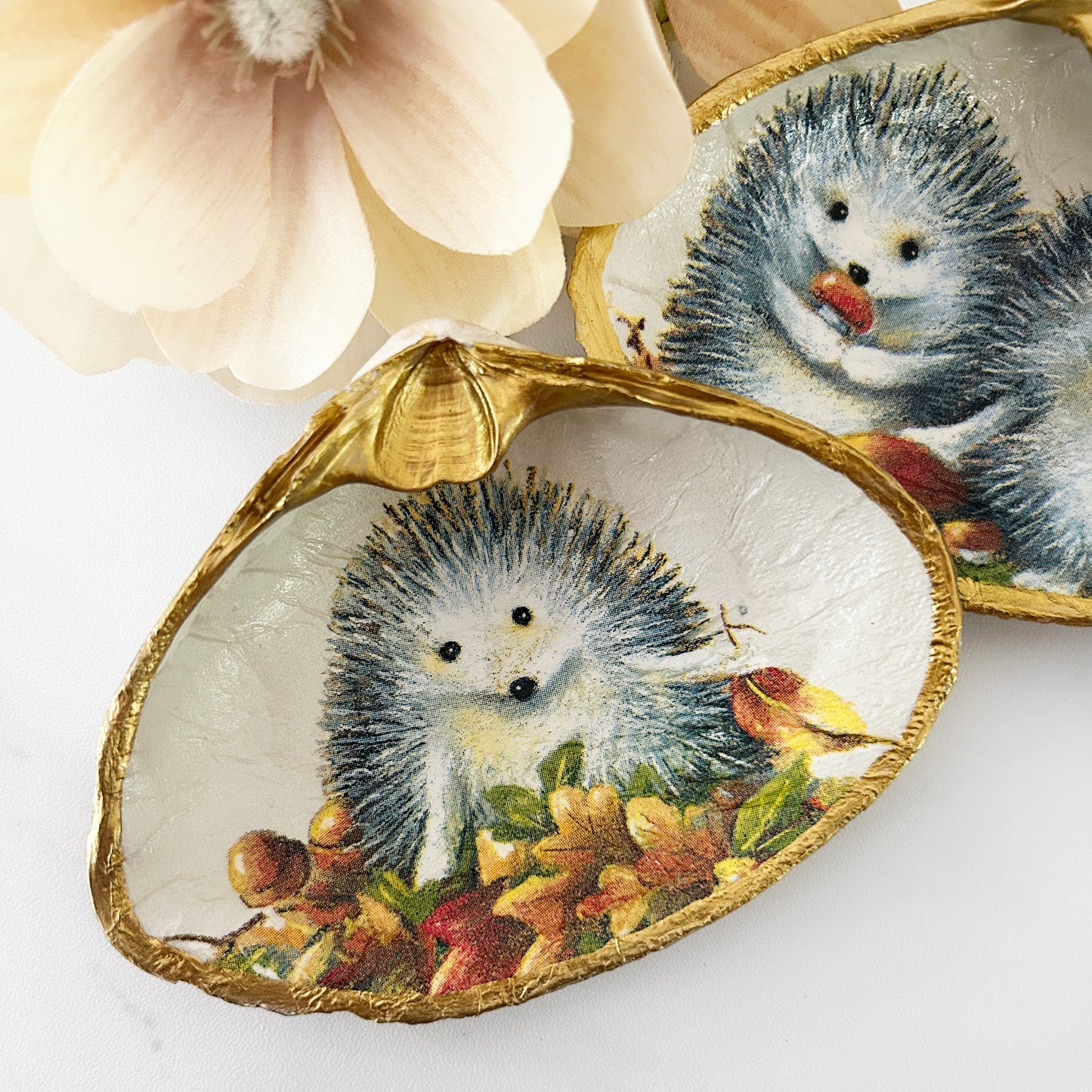 Autumn Hedgehog Decoupage Clam Shell Trinket Dish