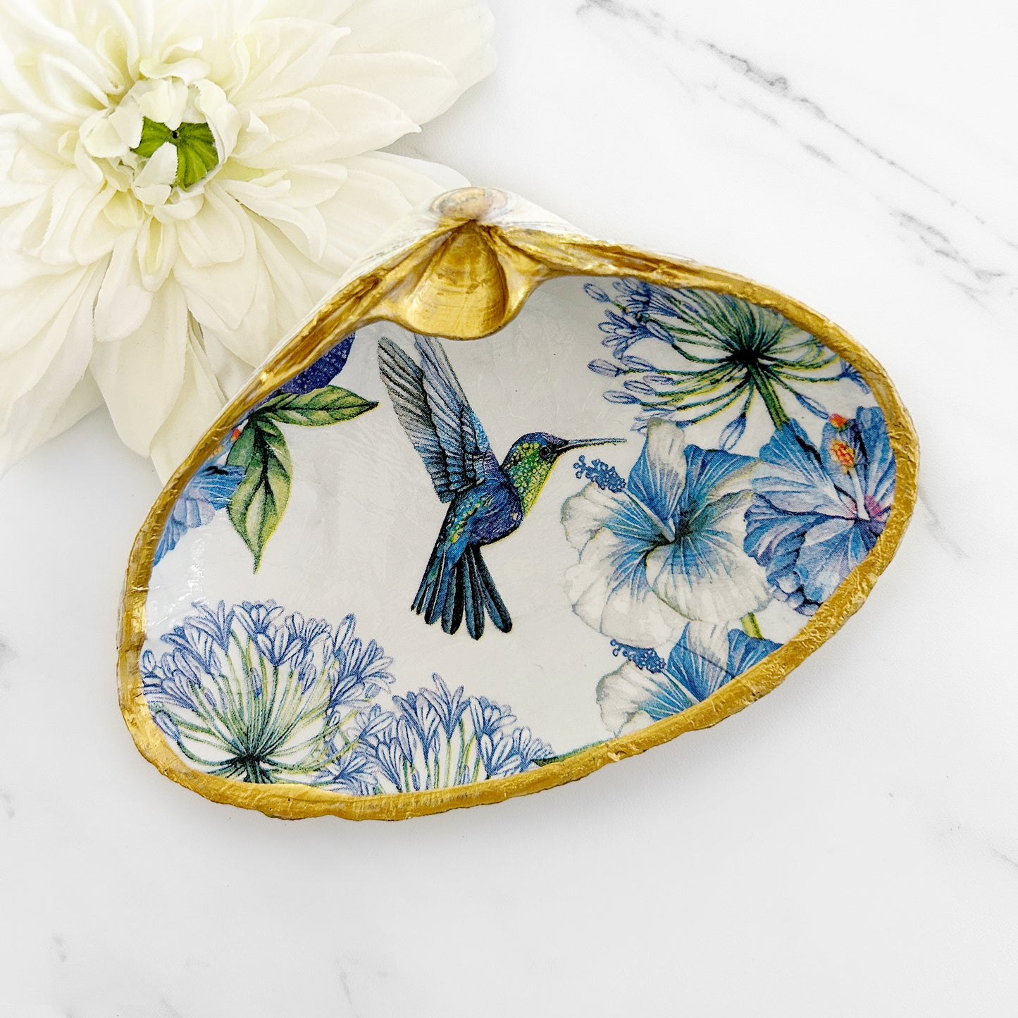 Hummingbird and Blue Flowers Extra Large Decoupage Clam Shell Trinket Dish