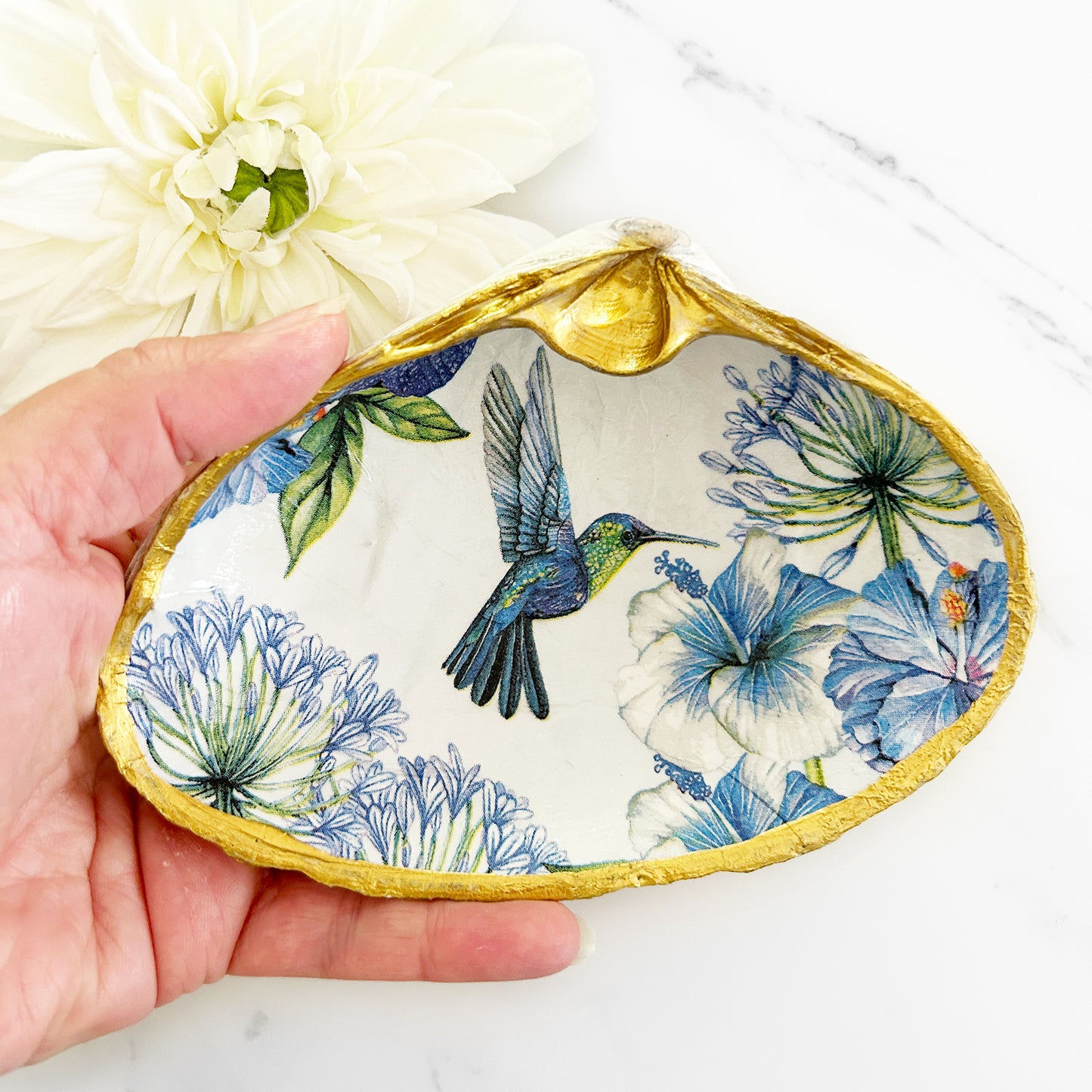 Hummingbird and Blue Flowers Extra Large Decoupage Clam Shell Trinket Dish