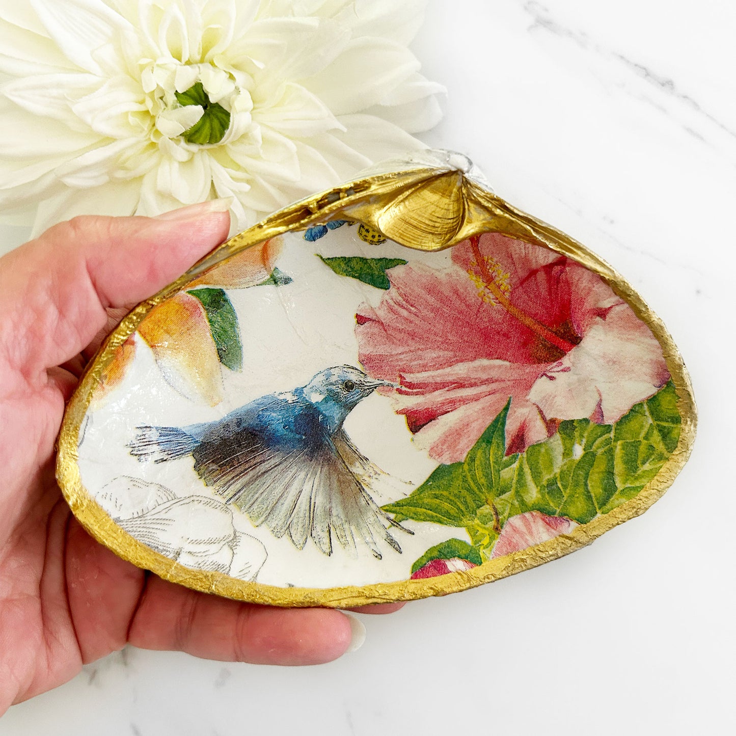 Hummingbird and Hibiscus Extra Large Decoupage Clam Shell Trinket Dish