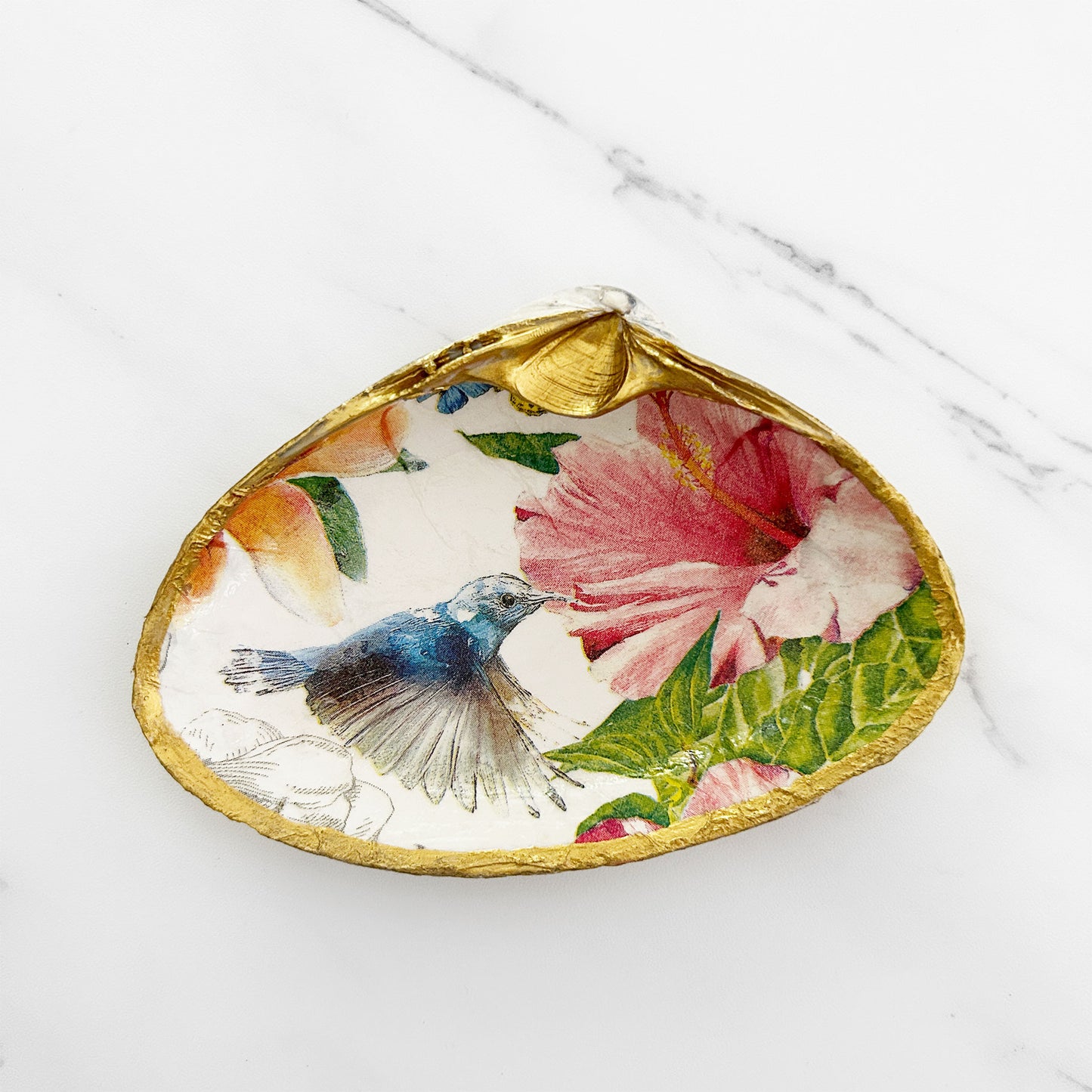 Hummingbird and Hibiscus Extra Large Decoupage Clam Shell Trinket Dish