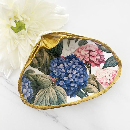 Blue and Pink Hydrangeas Decoupage Clam Shell Trinket Dish