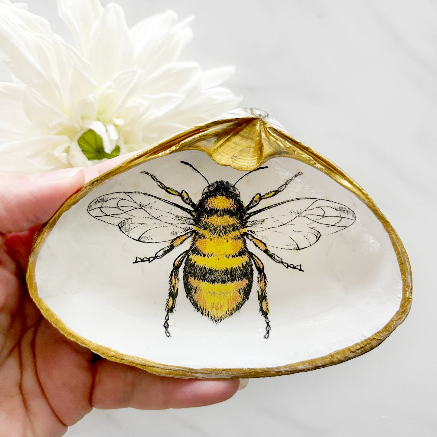 Large Single Bee Decoupage Clam Shell Trinket Dish