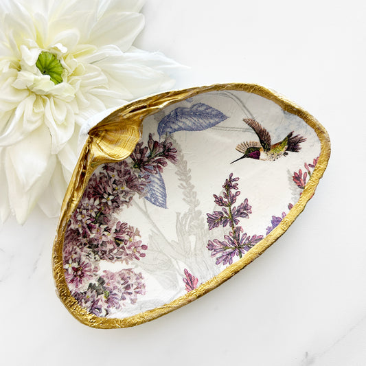 Lilac with Hummingbird Decoupage Clam Shell Trinket Dish