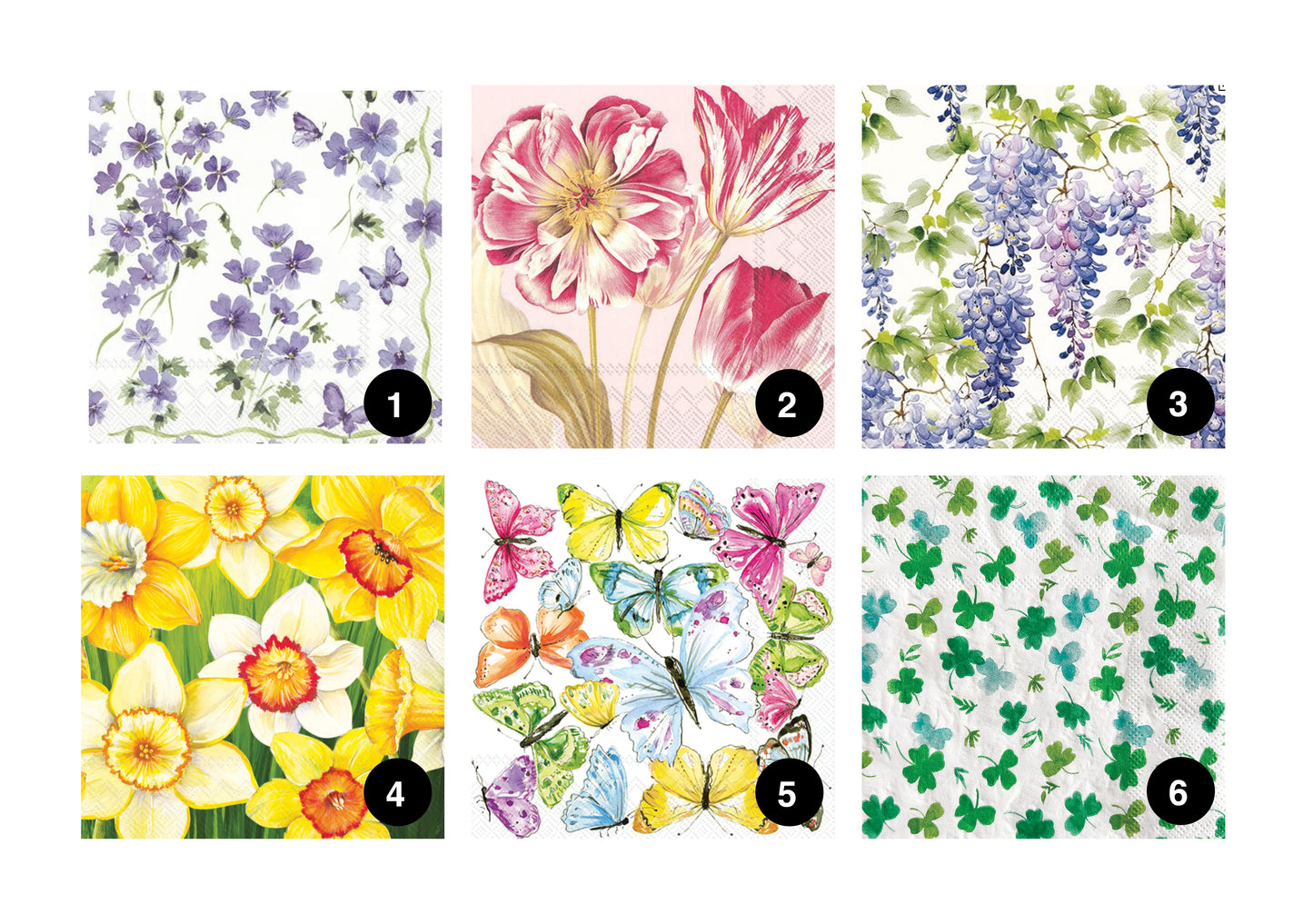 Six floral and nature-themed pattern swatches with numbers and black circles.