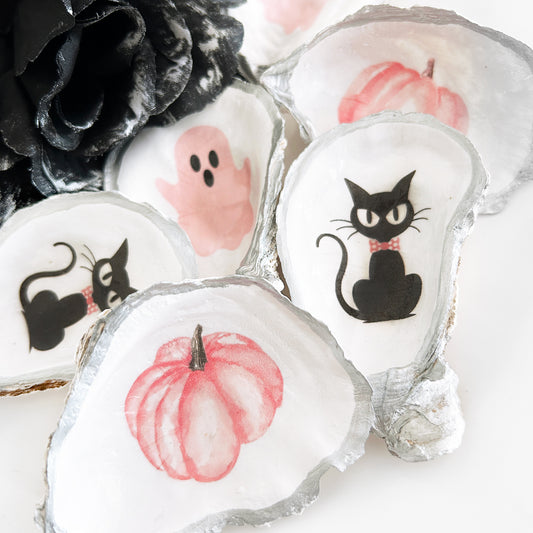 Halloween Pink and Black Ghost, Cat, Pumpkin Decoupage Small Oyster Shell Trinket Dish