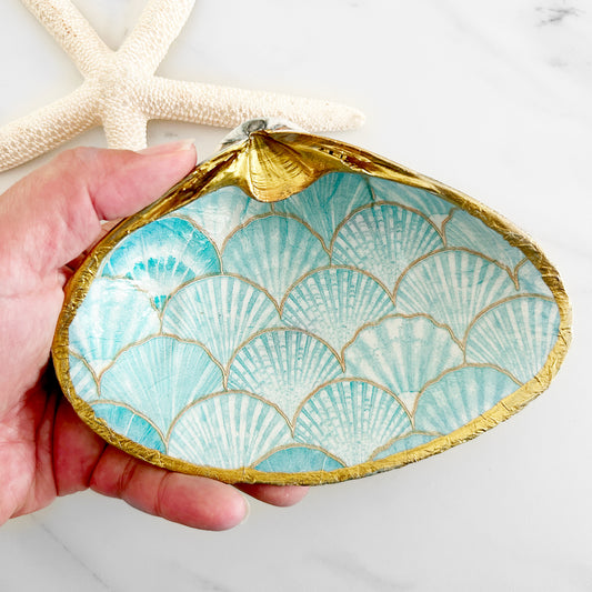 Scallop Pattern Decoupage Clam Shell Trinket Dish