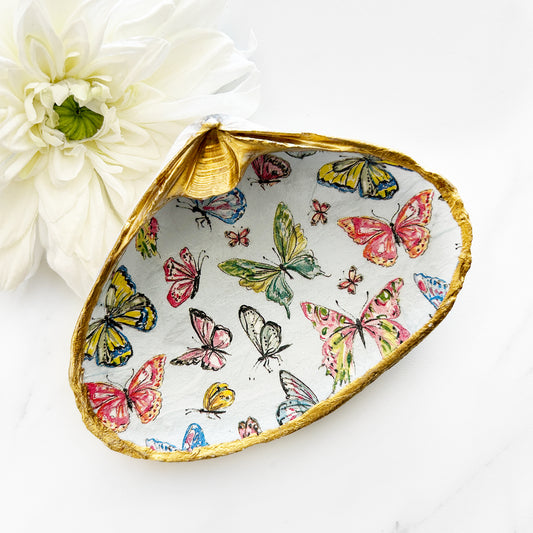 Wings of Spring Butterfly Decoupage Clam Shell Trinket Dish