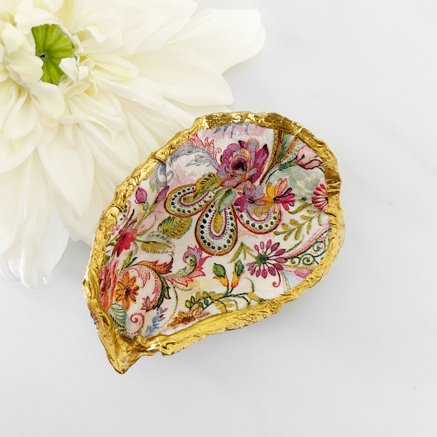Spring Paisley Decoupage Oyster Shell Trinket Ring Dish
