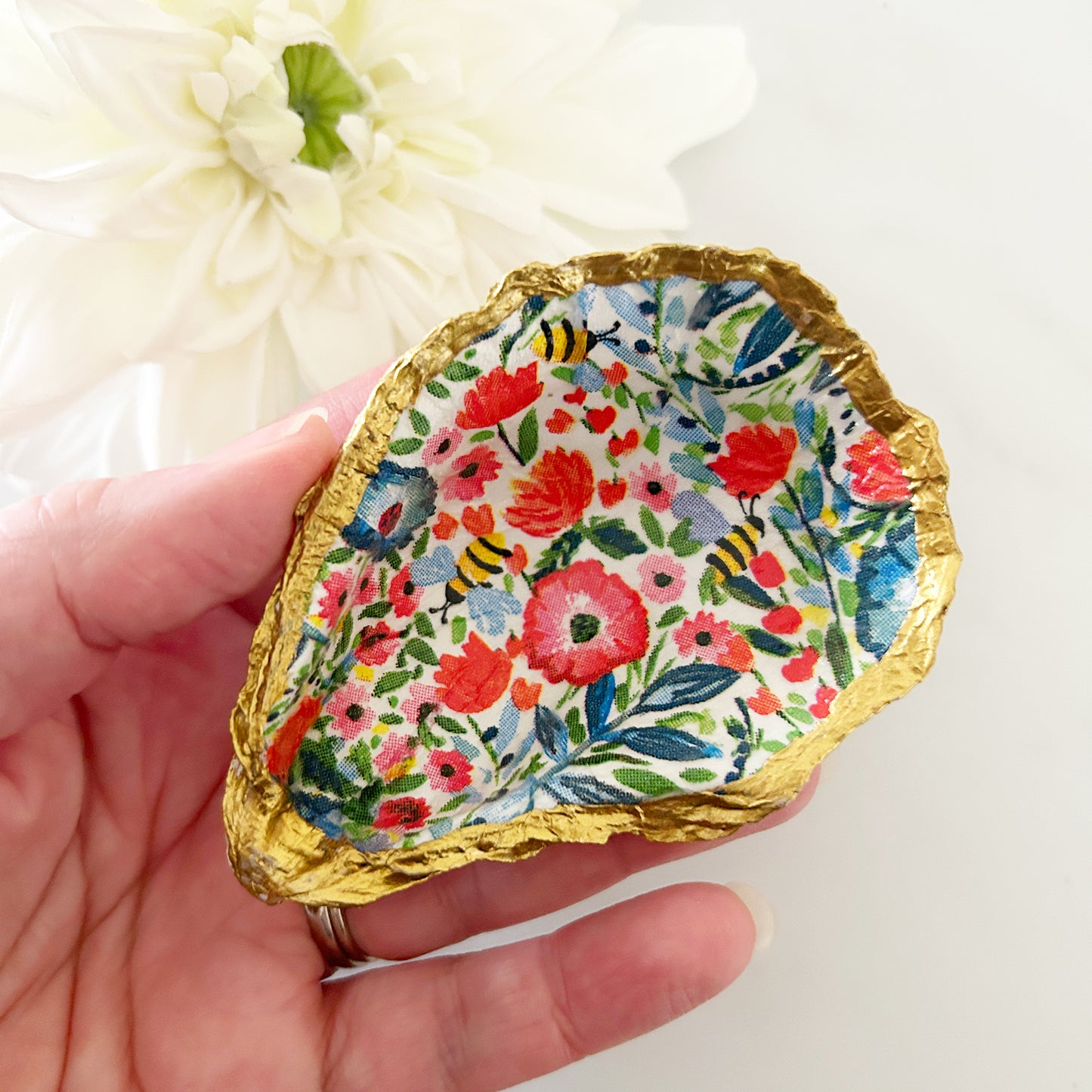 Spring Wildflowers Decoupage Oyster Shell Trinket Ring Dish