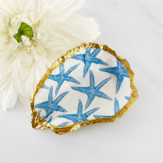 Blue Starfish Pattern Decoupage Oyster Shell Trinket Ring Dish