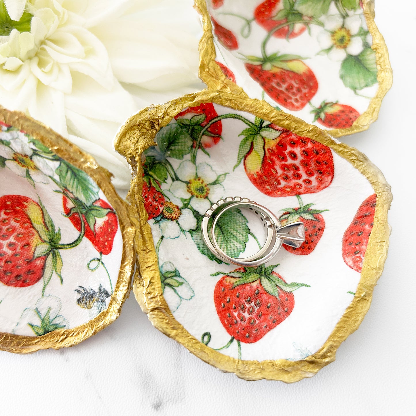 Summer Strawberry Decoupage Oyster Shell Trinket Dish