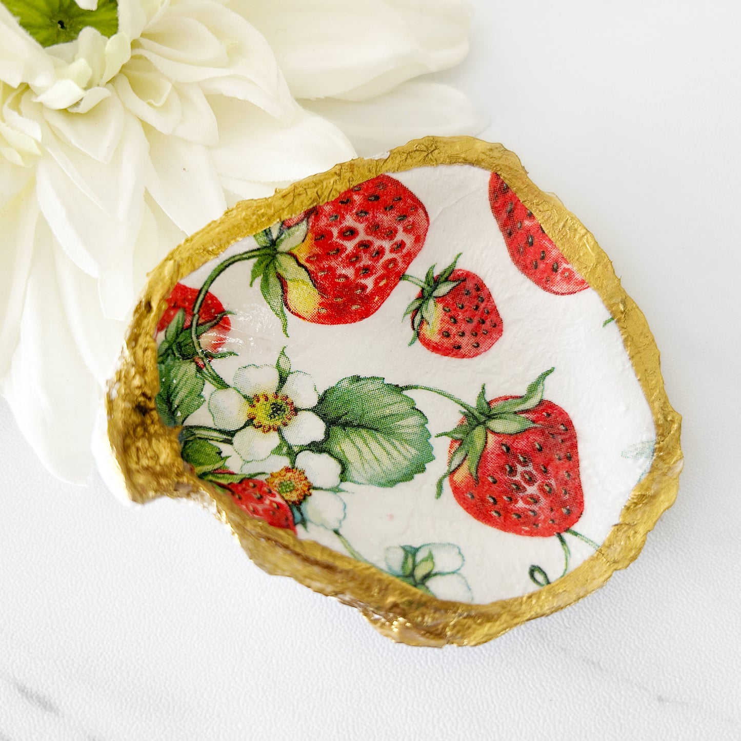 Summer Strawberry Decoupage Oyster Shell Trinket Dish