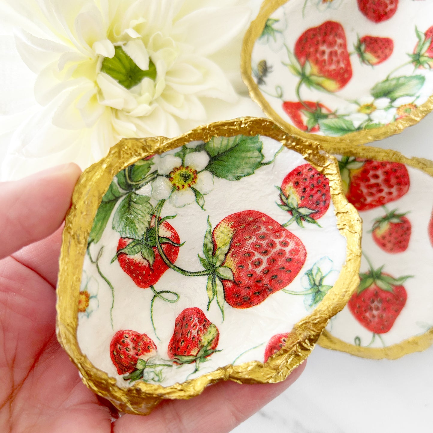 Summer Strawberry Decoupage Oyster Shell Trinket Dish