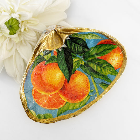 Sunny Citrus Orange Decoupage Clam Shell Trinket Dish