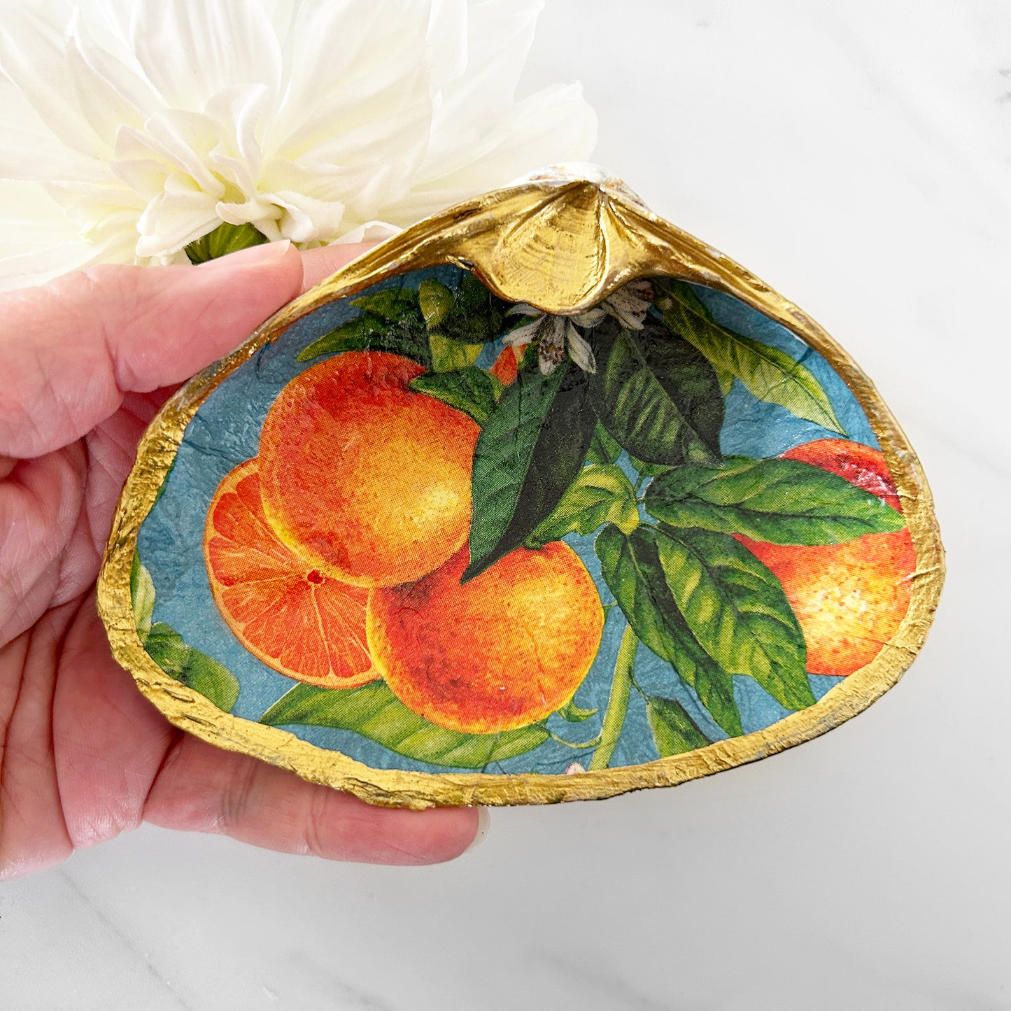 Sunny Citrus Orange Decoupage Clam Shell Trinket Dish