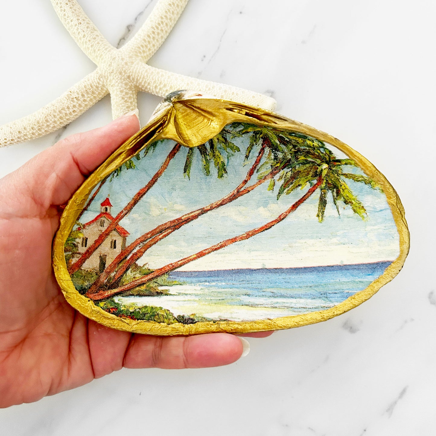 Tropical Palm Trees Beach Extra Large Decoupage Clam Shell Trinket Dish