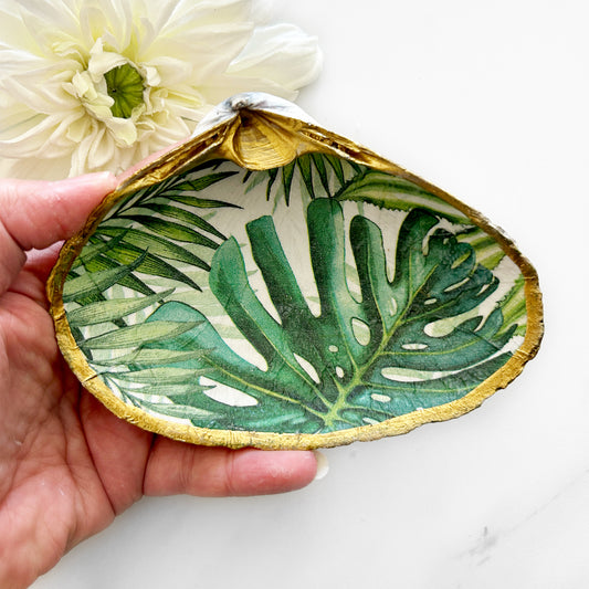 Monstera Tropical Leaves Decoupage Clam Shell Trinket Dish