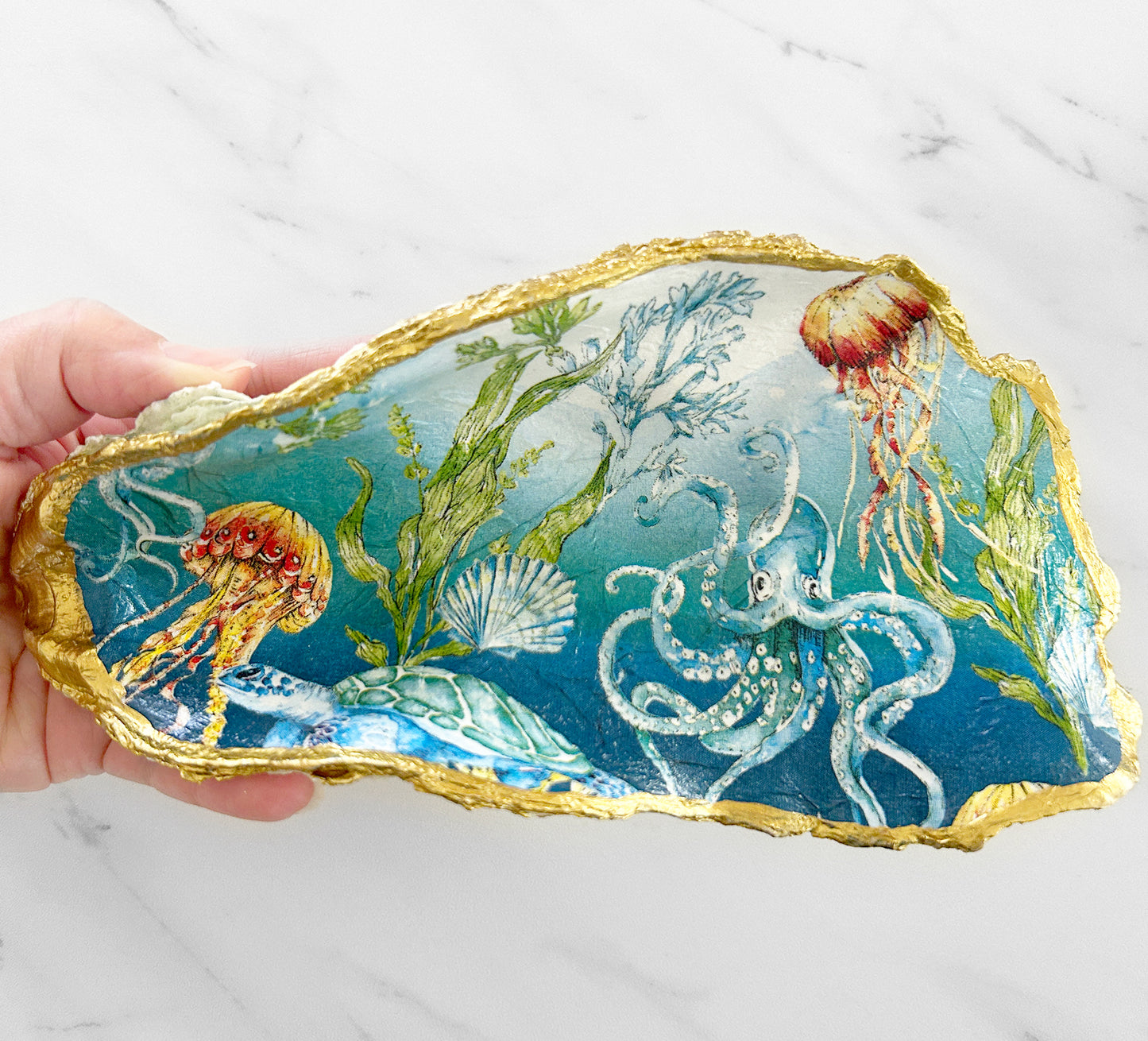 Large Oceanic Octopus and Jellyfish Oyster Shell Trinket Dish