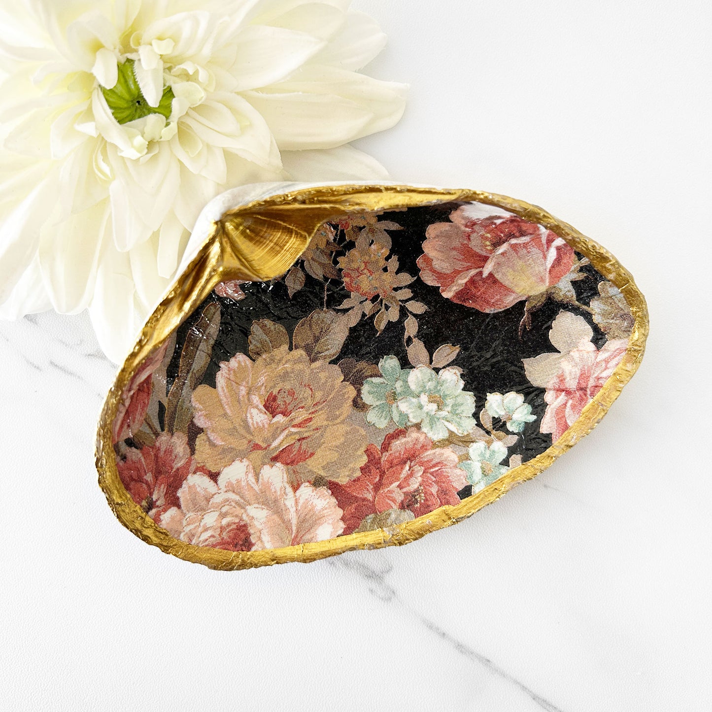 Antique Vintage Blooms Decoupage Clam Shell Trinket Dish