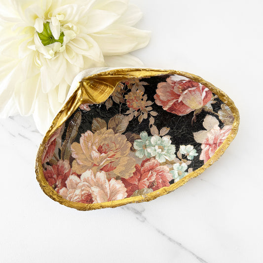 Antique Vintage Blooms Decoupage Clam Shell Trinket Dish