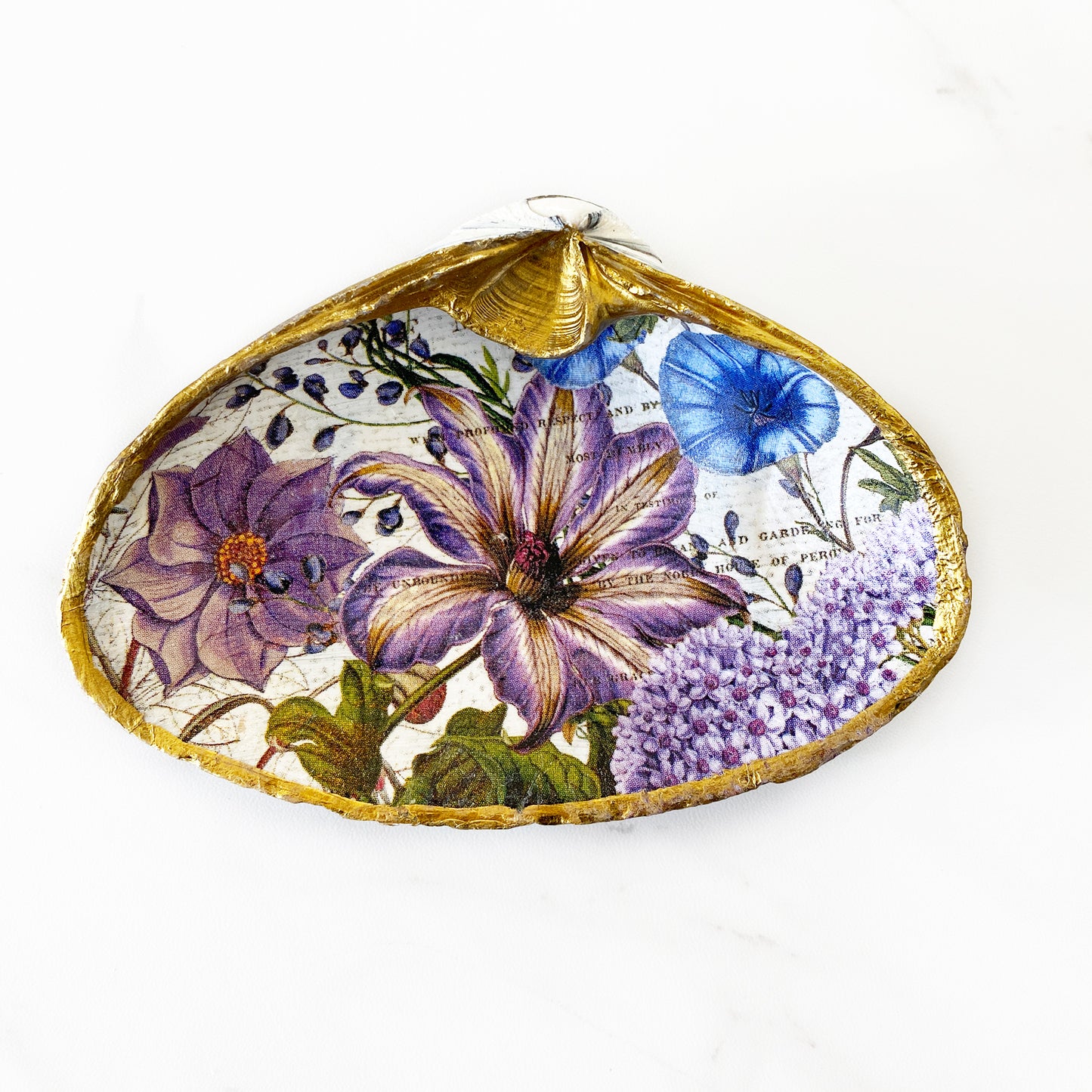 Purple Flower Garden Decoupage Clam Shell Trinket Ring Dish