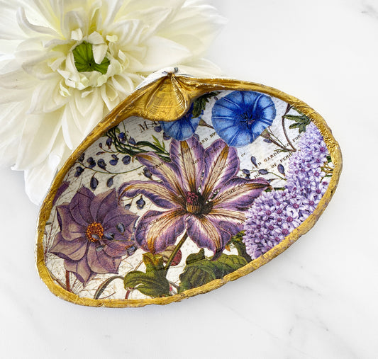 Purple Flower Garden Decoupage Clam Shell Trinket Ring Dish