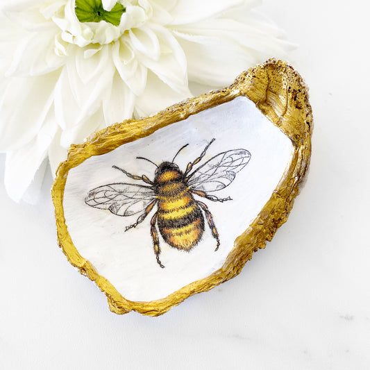 Honey Bee Decoupage Oyster Shell Trinket Dish