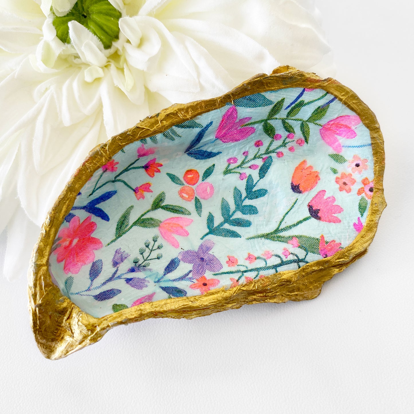 Bright Summery Floral Decoupage Oyster Shell Trinket Dish