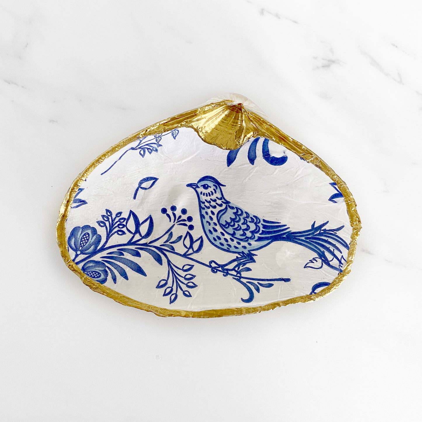 Chinoiserie Bird Inspired Decoupage Clam Shell Trinket Dish