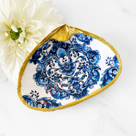 Chinoiserie Inspired Decoupage Clam Shell Trinket Dish