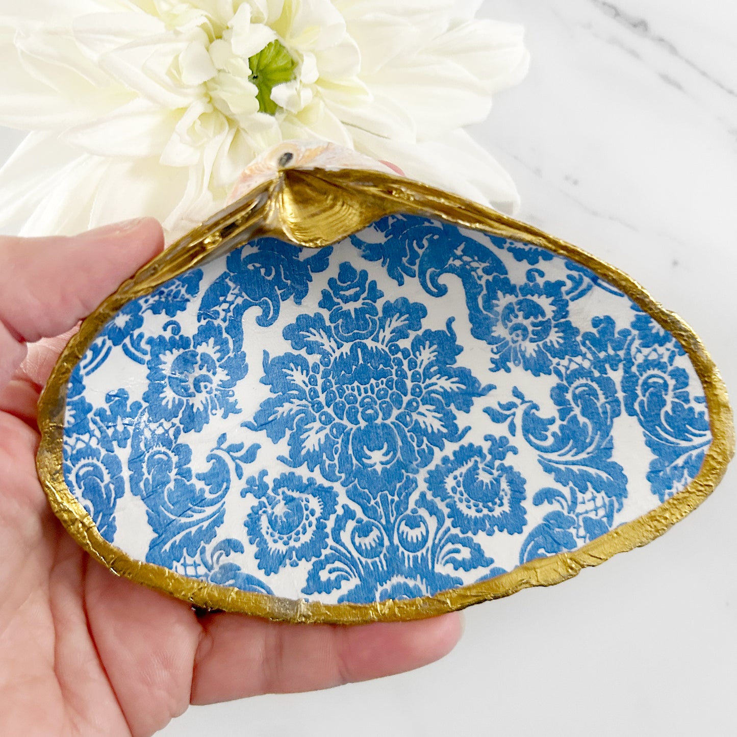 Light Blue Damask Decoupage Clam Shell Trinket Dish