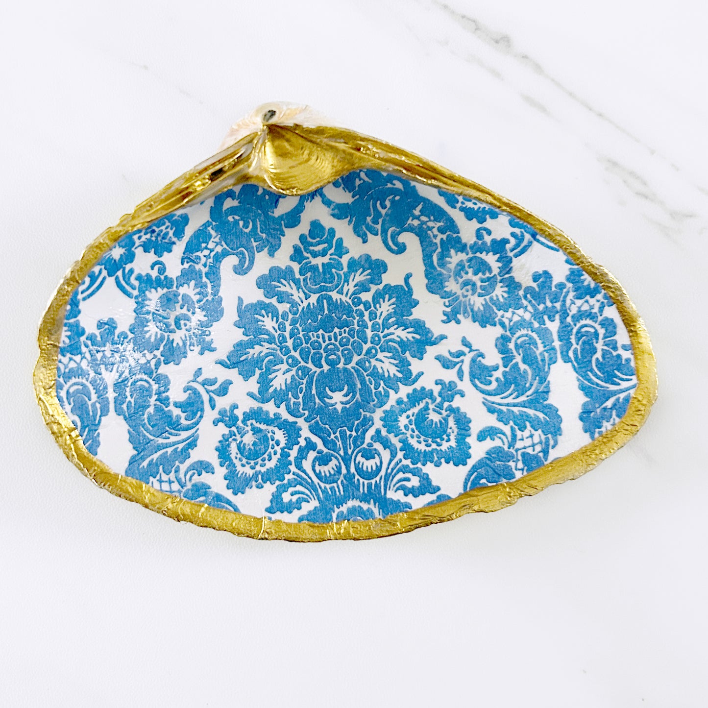 Light Blue Damask Decoupage Clam Shell Trinket Dish