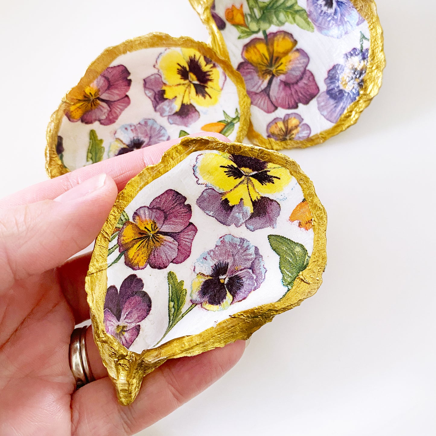 Purple Pansy Flower Decoupage Mini Oyster Trinket Ring Dish