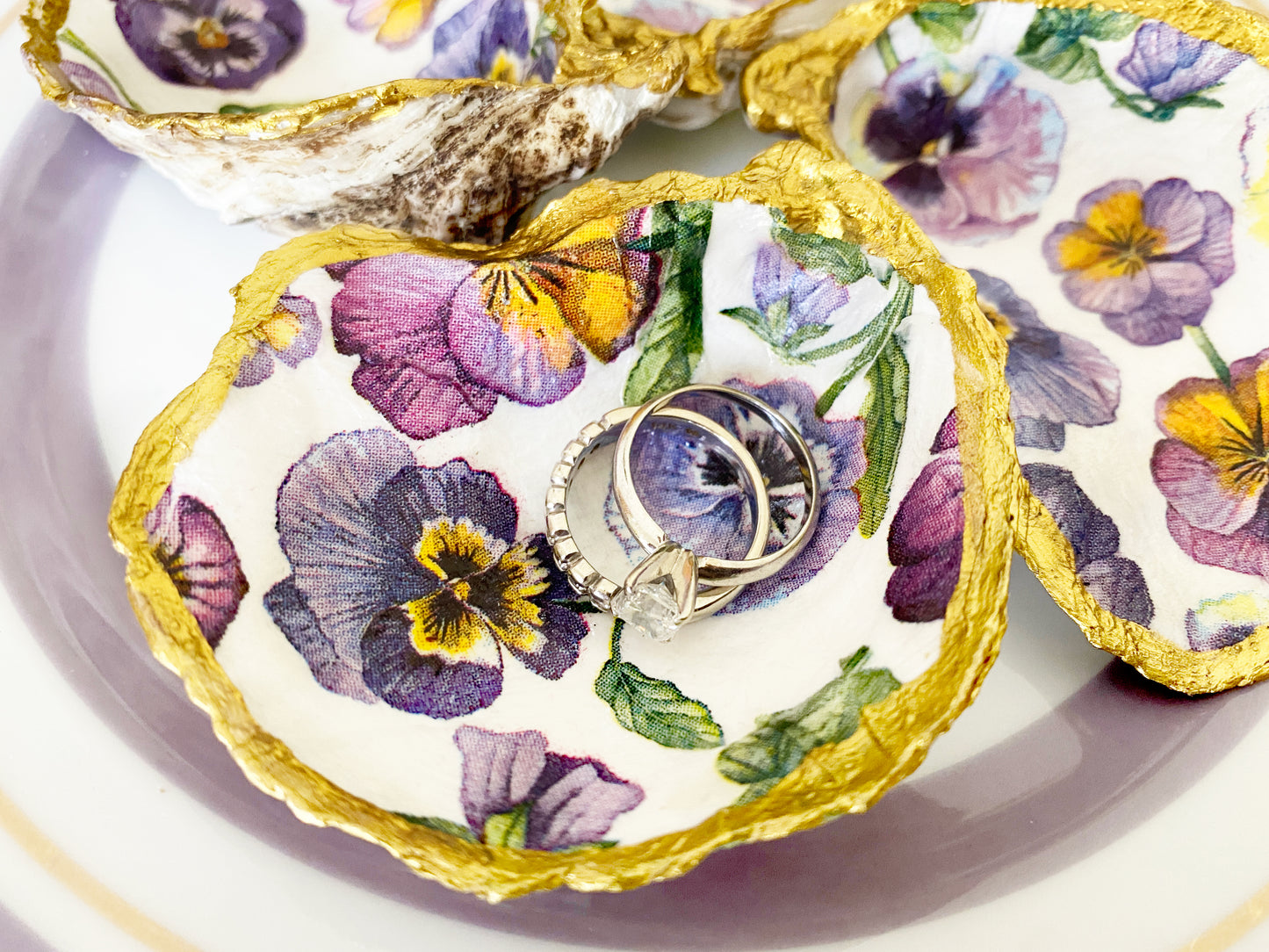 Purple Pansy Flower Decoupage Mini Oyster Trinket Ring Dish